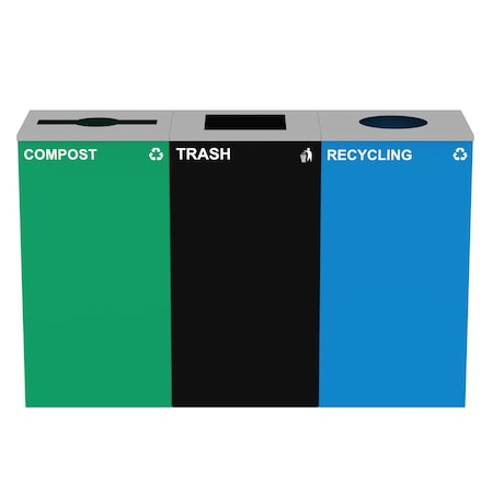 Alpine Industries 87 Gal. 3-Stream Steel Blue Recycling, Green Compost, and Black Commercial Trash Can Station ALP4450-BLK-KIT36